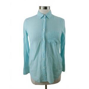 J Crew Womens Stretch Lightweight Boy Fit Button Up Turquoise Striped Shirt 0